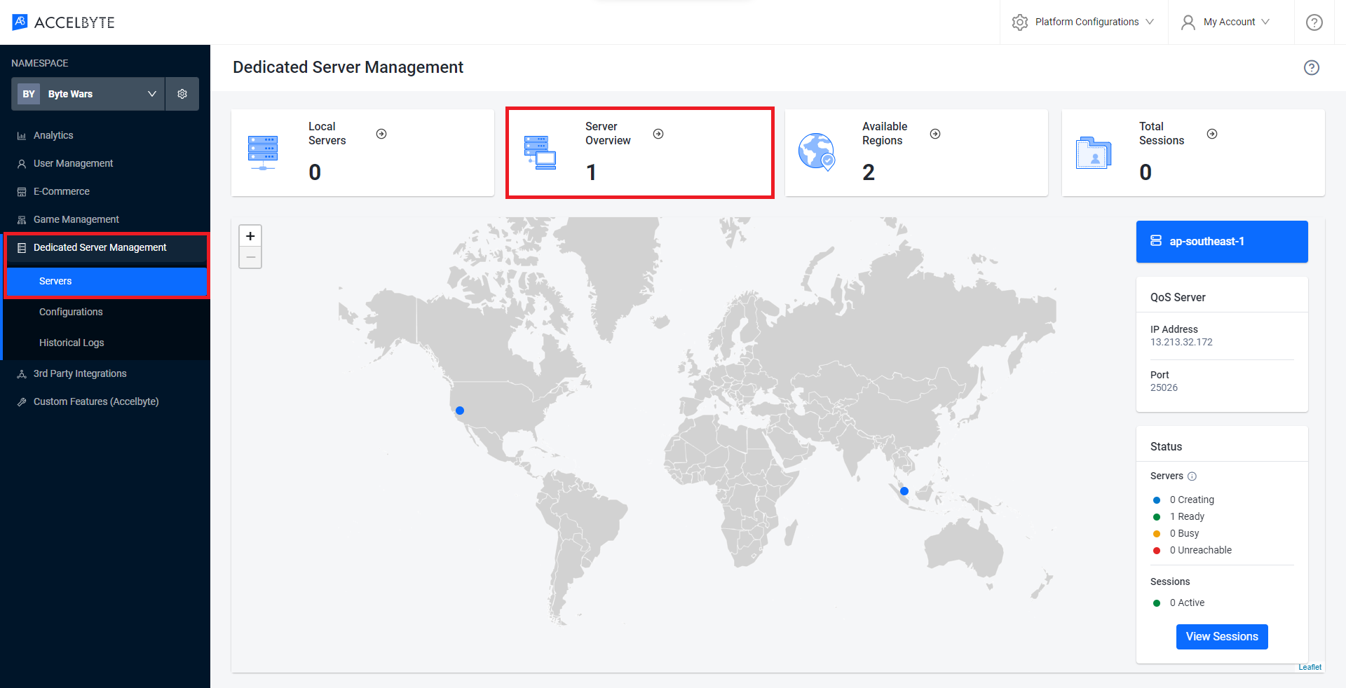 Dedicated server overview on Admin Portal