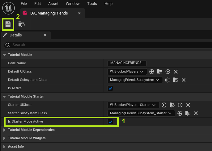 Activate Tutorial Module Data Asset starter mode