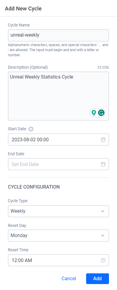 New statistics cycle configuration