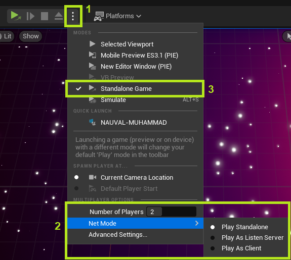 Setup to play two game clients from Unreal Engine Editor