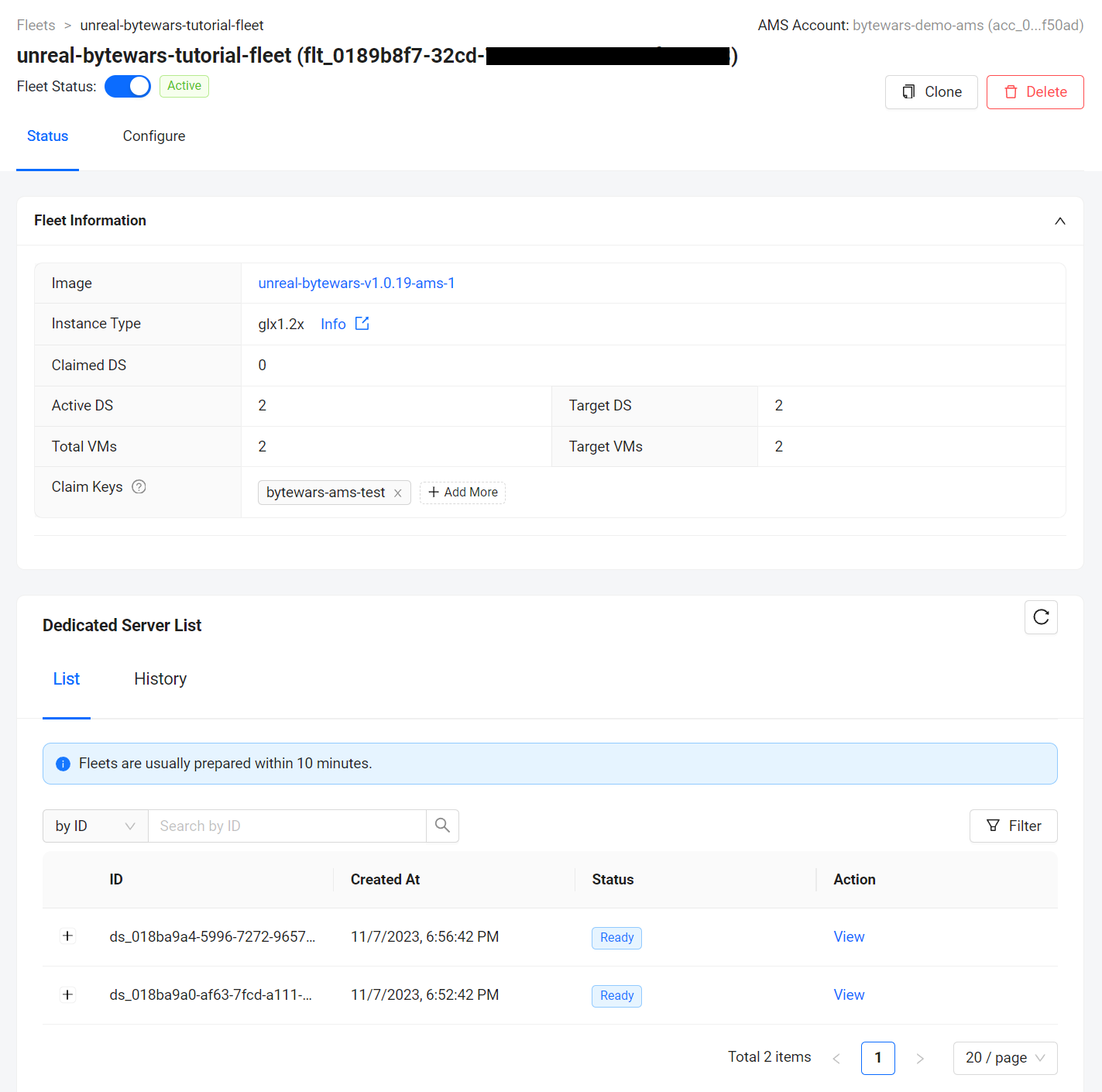 AGS dashboard showing a server listed